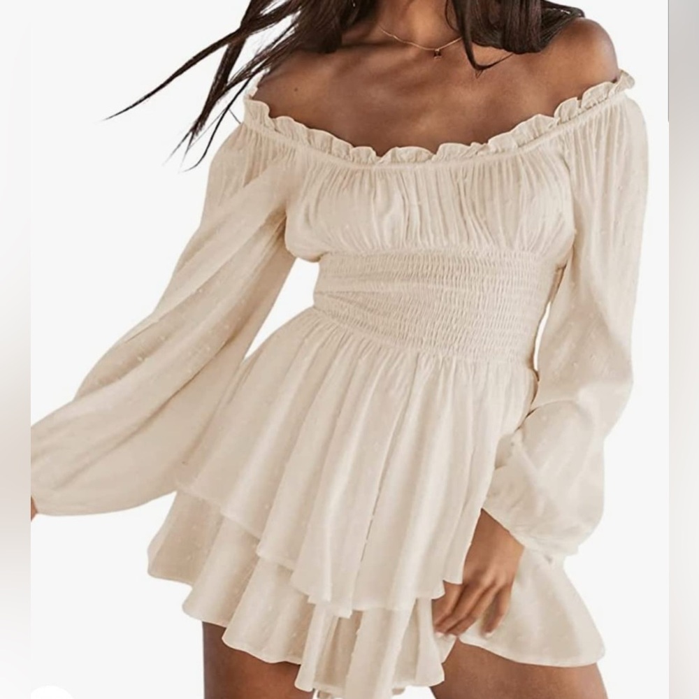 Romantic Off-Shoulder Layered Bohemian Soft Cream Opaque Mini Romper Dress